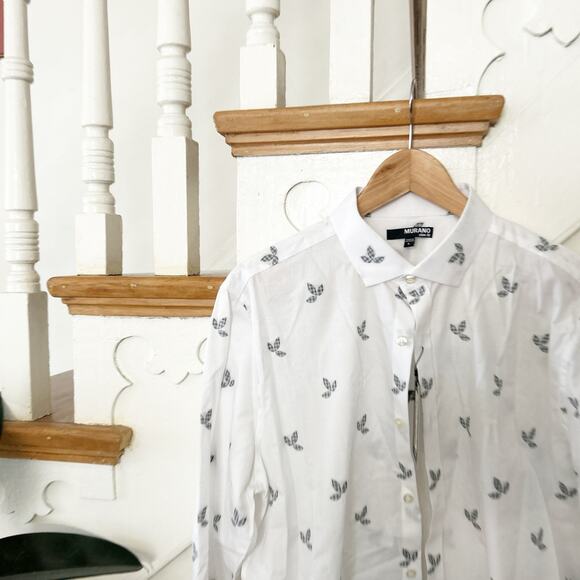 NWT Murano Slim Fit Button Down Shirt White Printed Cotton Long Sleeve Size L - Picture 2 of 8